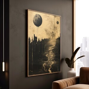 Gothic Cityscape Wall Art, Surreal Planet Landscape, Macabre Atmosphere, Shadowy Statement