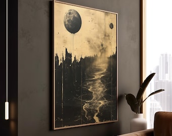 Stampa di paesaggio urbano gotico oscuro: arte murale con paesaggio planetario surreale