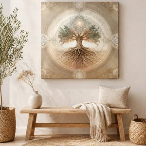 Könnte beinhalten: Ein quadratisches Leinwandbild zeigt ein Lebensbaum-Design in sanften Beige- und Brauntönen mit detaillierten Wurzeln und Ästen. Das Kunstwerk hängt über einer Holzbank mit einem beigen Überwurf und Kissen, ergänzt durch einen runden Jute-Teppich und Topfpflanzen.
