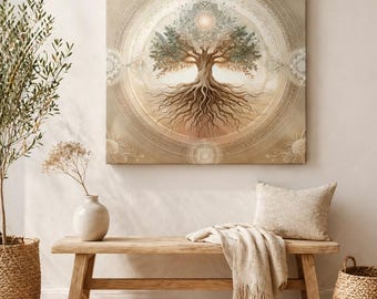 May include: A square canvas art piece depicts a tree of life design in soft beige and brown tones, with intricate root and branch details. The artwork hangs above a wooden bench with a beige throw and pillow, complemented by a round jute rug and potted plants.