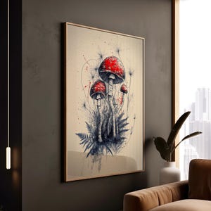 Stampa artistica con schizzo di trio di funghi rossi, illustrazione botanica con semi di tarassaco, tela con tema forestale per decorazioni a tema bosco.