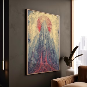 Cyberpunk City Art  Sci-Fi Dystopian Decor Print  Skyscraper with Red Wires  Vertical Giclee Canvas