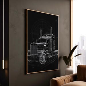 May include: A framed print featuring a detailed blueprint-style illustration of a semi-truck. The artwork is rendered in white against a black background, with a wooden frame. The image shows the front, wheels, and cab of the truck.