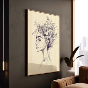 Stampa artistica con schizzo di profilo di donna con corona floreale dettagliata, intricata linea botanica, elegante decorazione da parete femminile ispirata alla natura stravagante.