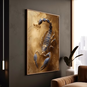 May include: A framed artwork featuring a detailed, three-dimensional scorpion sculpture. The scorpion is rendered in shades of blue and gold, set against a textured gold background. The artwork is displayed in a room with a modern aesthetic.