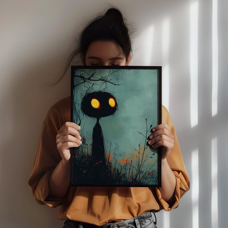 a woman holding up a painting of a person with glowing eyes