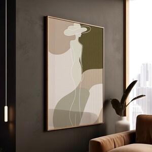 Stampa di cappello con silhouette di donna elegante, decorazioni in tela minimaliste con forme neutre astratte, stile di moda moderno chic con cornice Art Deco