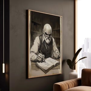 Stampa classica seppia di un intenso studioso che scrive in biblioteca, arte su tela senza tempo, arte incorniciata sofisticata per uffici