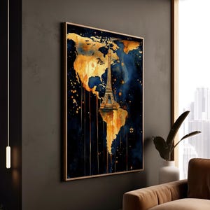 Goldener Eiffelturm auf tropfender Weltkarte, Himmlischer Nachthimmel über Paris, Surreale Reise, Leinwand für Fernweh