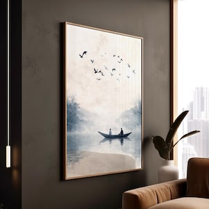 Coppia in barca sul lago nebbioso Stampa Paesaggio sereno Uccelli Silhouette Tela Decorazione Atmosfera zen pacifica Stile inchiostro lavato Arte incorniciata