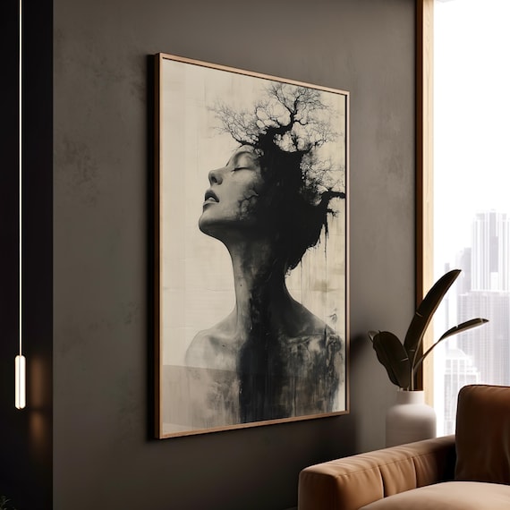 Monochrome Art Print, Woman Tree Roots, Mental Health Decor, Minimalist B W, Hope, Strength, Self Care Gift