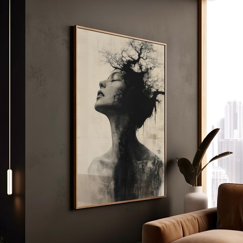 a living room with a couch and a painting on the wall