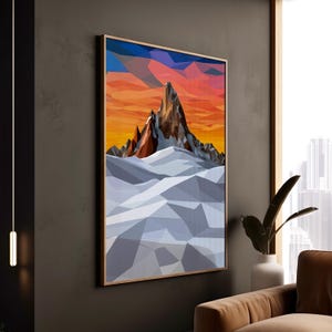 May include: A geometric abstract painting of a mountain range with a bright orange and red sunset sky. The mountain peaks are brown and the snow-covered slopes are white and gray.