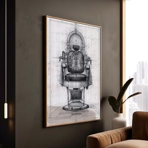 Peut inclure: Impression encadrée en noir et blanc d'un fauteuil de barbier vintage, rendu dans un style de plan. L'œuvre présente des lignes et des ombres détaillées, mettant en valeur le design de la chaise. L'impression est encadrée dans un cadre en bois, ajoutant une touche classique.