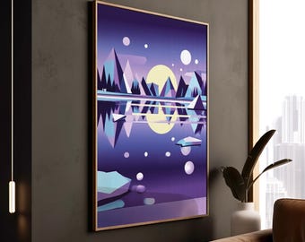 Geometric Landscape, Wall Art - Lavender Indigo Moon, Minimal Scenery, Calm Bedroom Decor