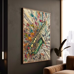 Stampa artistica su tela con sassofono vibrante, stampa con esplosione di musica astratta, decorazione con strumenti jazz colorati, stampa artistica da parete con note musicali