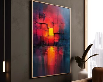 Abstract Sunset Print Red Gray Modern Wall Decor Canvas Minimalist Contemporary Design Museum Quality Calming Framed Art Gift