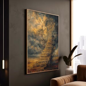 May include: A framed painting depicts a surreal scene with a staircase leading to a clock face in the sky. The artwork features a palette of gold, blue, and brown hues, creating a dreamlike atmosphere. The painting is displayed on a dark wall.