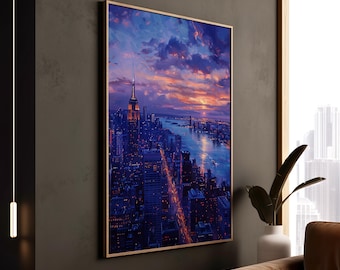 NYC Sunset Print, Hudson River Skyline, Manhattan Evening Scene - Vibrant Urban Wall Art