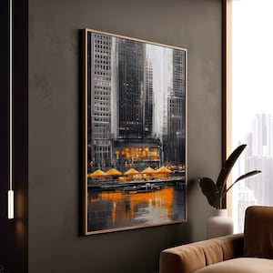 City Waterfront Print: Orange Umbrellas, Urban Architecture Canvas Art