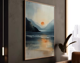 Calming Sunset Print, Mountain Landscape - Minimalist Blue Orange Decor, Serene Office