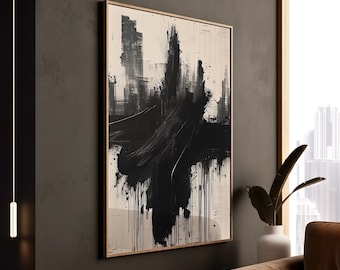 Abstract Black and White Brush Strokes Art Print: Modern Framed Canvas Decor