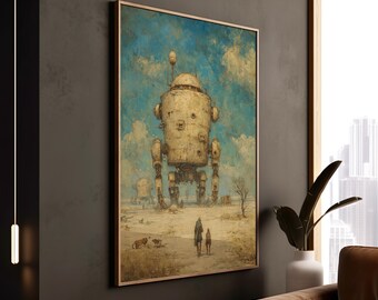 May include: A framed art print depicting a large, beige robot figure in a desolate landscape under a blue sky with clouds. Two smaller figures and dogs are in the foreground. The artwork has a vintage, painterly style.