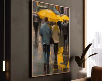 Rainy City Street Art Print: Yellow Umbrellas Impressionist Canvas
