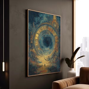 May include: A framed abstract painting featuring a large clock face with Roman numerals in gold against a swirling blue and gold background. The artwork depicts a surreal landscape with figures walking on a path, framed in a wooden border.