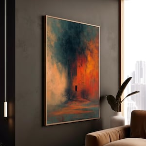 Könnte beinhalten: Abstrakter Kunstdruck in einem goldenen Rahmen. Das Kunstwerk zeigt eine vertikale Komposition mit einer dunklen, stimmungsvollen Farbpalette aus Blau-, Orange- und Rottönen. Ein Weg führt zu einer dunklen Tür, mit kahlen Bäumen auf beiden Seiten. Das Gemälde wird an einer dunkelgrauen Wand ausgestellt.