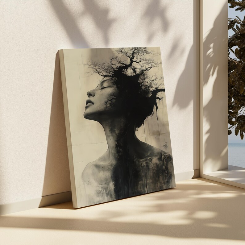 a black and white photo of a woman with a tree in her hair