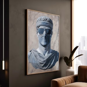 Stampa moderna di busto romano con occhiali da sole con maschera, decorazione su tela con statua classica umoristica, regalo d'arte incorniciata con tocco di cultura pop unico