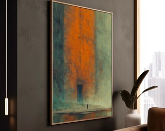 Könnte beinhalten: Abstrakter gerahmter Kunstdruck mit vertikalen Bändern in Orange und Türkis. Eine kleine Figur steht vor einer dunklen Tür im unteren Teil des Kunstwerks. Das Kunstwerk wird an einer dunklen Wand ausgestellt.