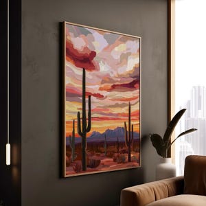 Wüste Sonnenuntergang mit Saguaro Kakteen Art Print - Moderner semi-abstrakter Stil - Warme Farben - Poster und Leinwand-Wand-Dekor
