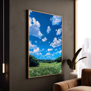 Stampa artistica di un campo di fiori selvatici, poster impressionista, prato verde, cielo azzurro, nuvole, tela incorniciata, decorazione da parete