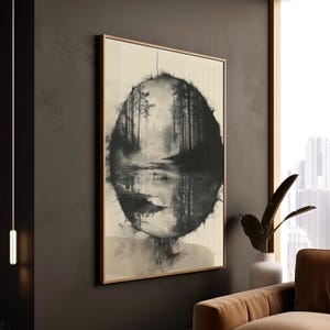 Monochrome Misty Forest Print: Surreal Reflection Landscape Wall Art
