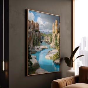 Blue River Canyon Kunstdruck Hyperrealistische digitale Landschaft Türkis Wasser felsige Klippen Natur Wanddekor Leinwand gerahmtes Plakat