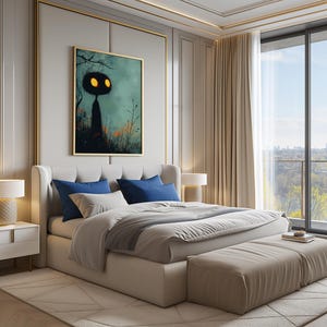 a bedroom with a large bed and a painting on the wall
