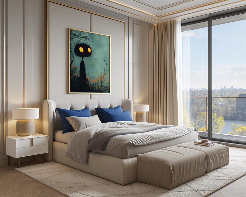 a bedroom with a large bed and a painting on the wall