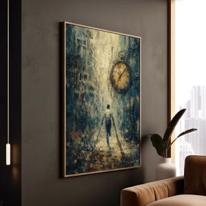 May include: Abstract art print depicting a figure walking with chains towards a large pocket watch. The artwork features a muted color palette of blues, browns, and yellows, framed in a wooden frame. The painting evokes themes of time and journey.