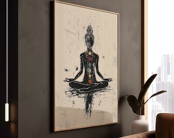May include: A black and white illustration of a person sitting in a yoga pose with seven colorful circles representing chakras on their torso against a beige background.