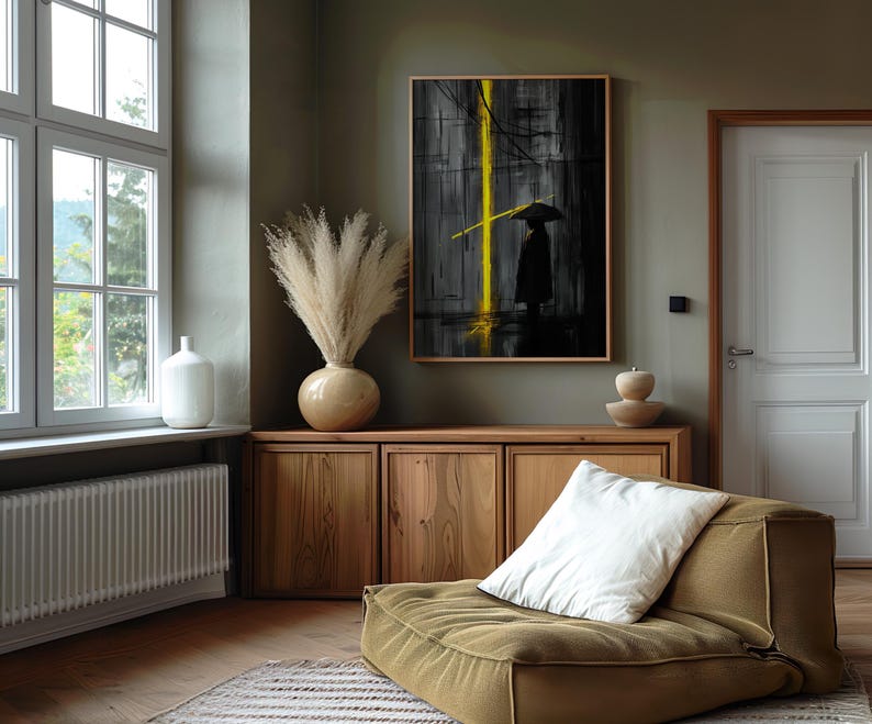 Stampa minimalista di pioggia urbana astratta su tela, arte di silhouette scura, decorazione artistica con cornice suggestiva immagine 7