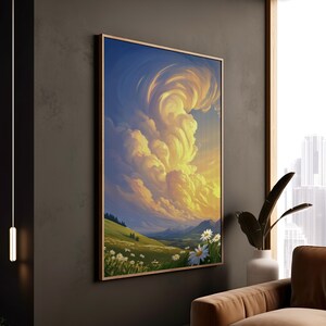 Stampa di nuvole dell'ora d'oro su prato di margherite, decorazione su tela del paesaggio del cielo al tramonto, calda scena artistica incorniciata di dolci colline