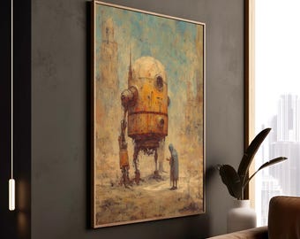 May include: An abstract painting of a large, rusty-orange robot with a cylindrical head and a person in a hooded cloak. The artwork has a vintage, textured style with a muted color palette of yellows, blues, and browns. The painting is framed.