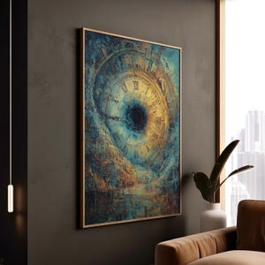 May include: Abstract wall art featuring a clock face design with Roman numerals in shades of blue, gold, and brown. The artwork is framed in a light wood frame and hangs on a dark gray wall. The painting has a surreal, dreamlike quality.