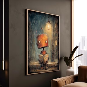 May include: A framed art print depicts a rusty orange robot reading a book titled "Music" under a street lamp. The robot sits on a ledge in a rainy alleyway, with a warm, inviting glow from the lamp.