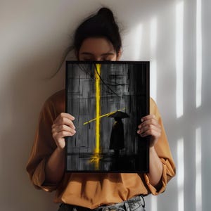 Stampa minimalista di pioggia urbana astratta su tela, arte di silhouette scura, decorazione artistica con cornice suggestiva immagine 8
