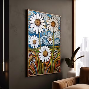 Stampa di fiori di margherita stravaganti in stile folk art, decorazione su tela con sfondo a vortice colorato e vivace, arte incorniciata floreale giocosa e luminosa