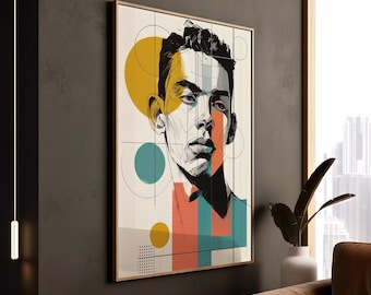Geometric Male Portrait Print, Mid-Century Modern, Retro Color Blocks
