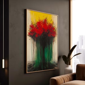 Stampa artistica di fiori rossi astratti con steli verdi - Stile espressivo - Cielo giallo vibrante - Poster e decorazione da parete in tela